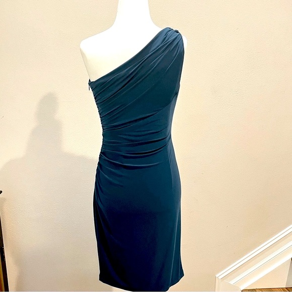 Deep Teal Blue One-shoulder Cocktail Dress w/ Jewel Accent, Side Ruched Size 4 - Picture 6 of 8